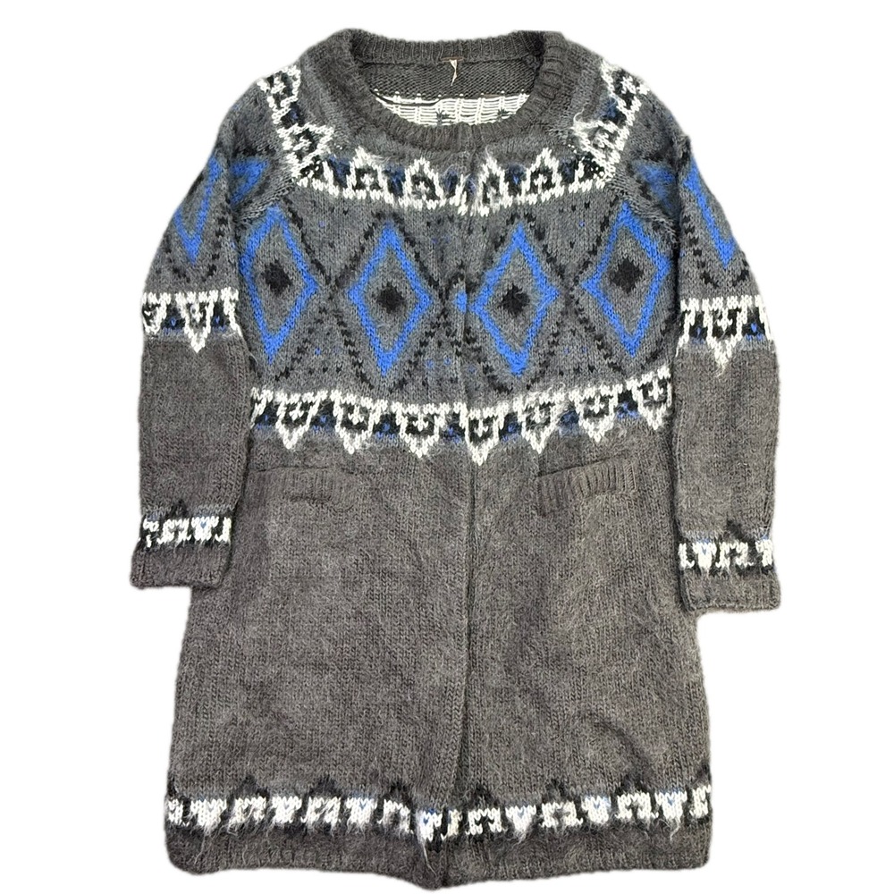 Free People Cardigan Sweater Womens S Grey Blue Fair Isle Mohair Wool Longline
